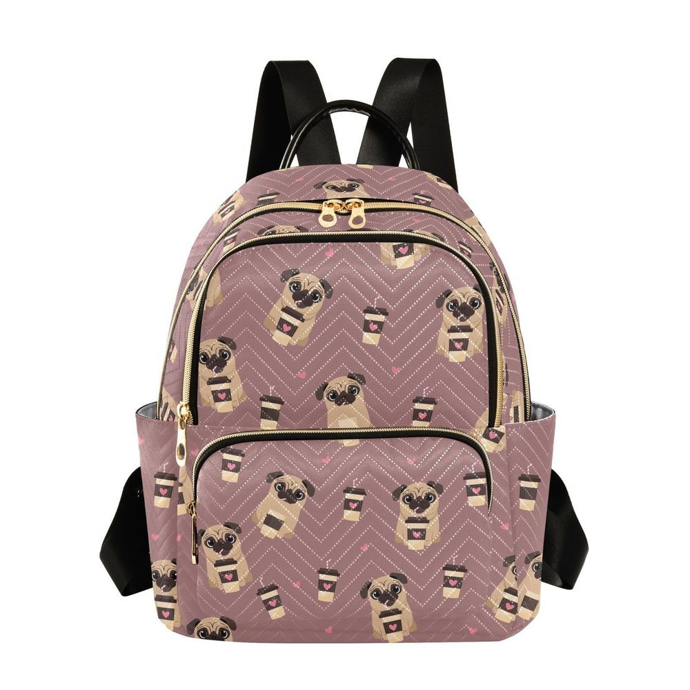 Pug Dog with Coffee Pattern Women’s Backpack Purse Causal Daypack Work🙂